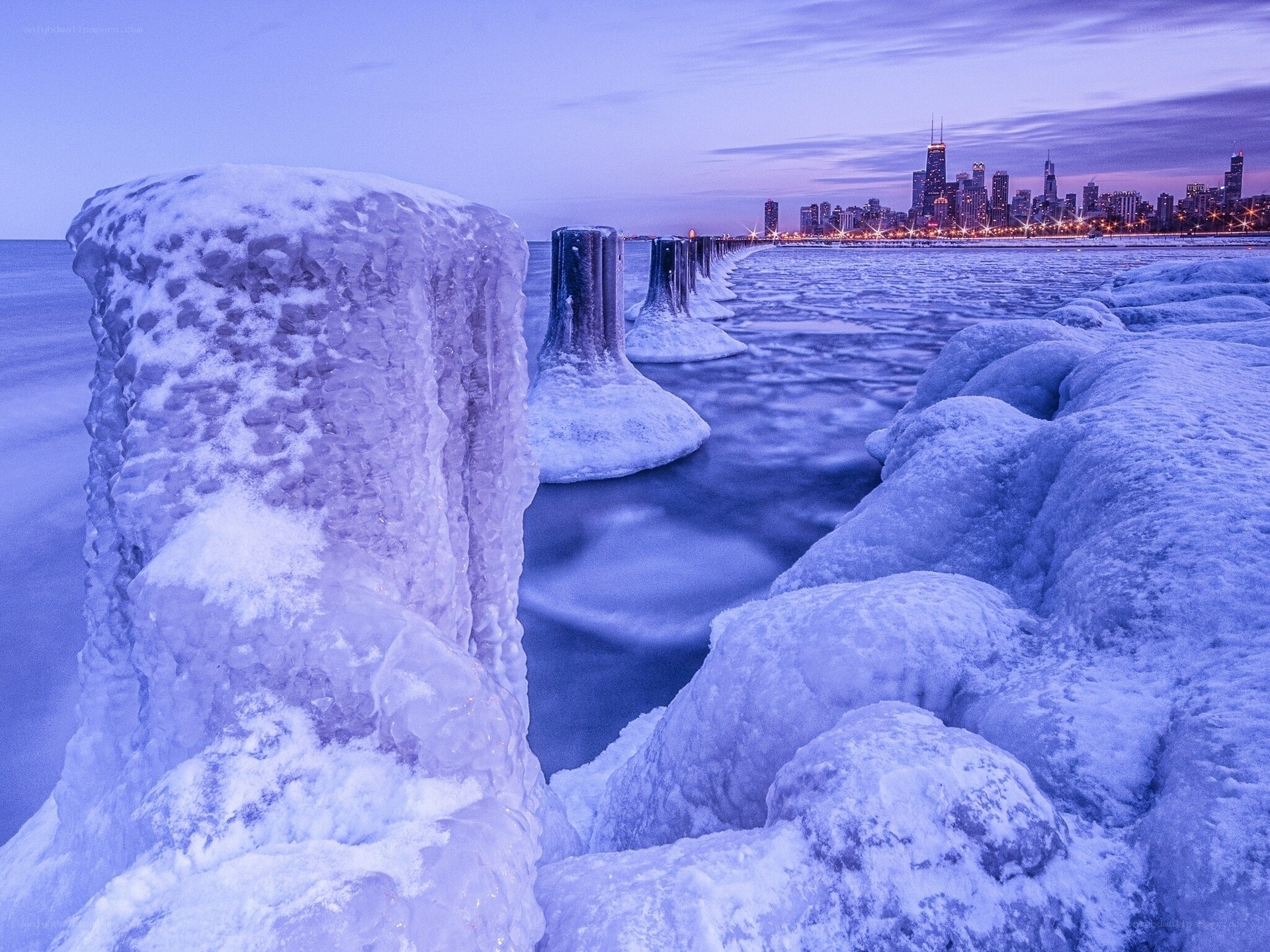 Chicago skyline at dusk with ice