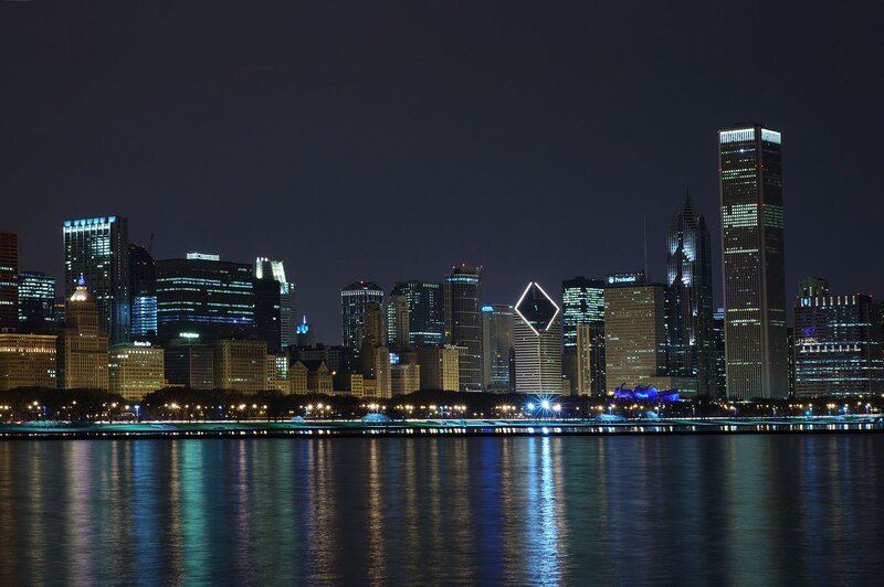 Chicago Skyline at Night — Black, Calm, Photograph, Skyscrapers, River, Lights