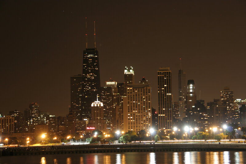 Chicago Skyline at Night — Black, Calm, Photograph, Skyscrapers, River
