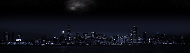 Chicago Skyline at Night — Black, Dark, Photograph, Buildings, Water