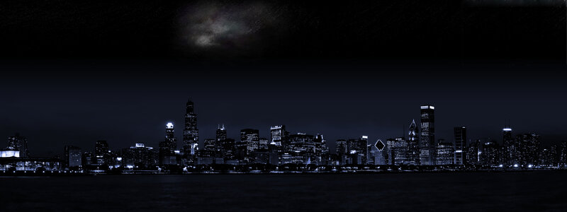 Chicago Skyline at Night — Black, Dark, Photograph, Skyscraper, Lake, Night Sky