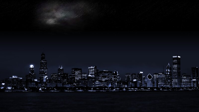 Chicago Skyline at Night — Black, Dark, Photograph, Skyscraper, River, Stars