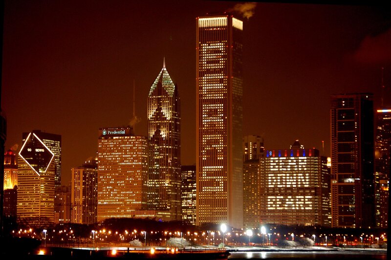 Chicago Skyline at Night — Black, Dark, Photograph, Skyscrapers, City Lights, River
