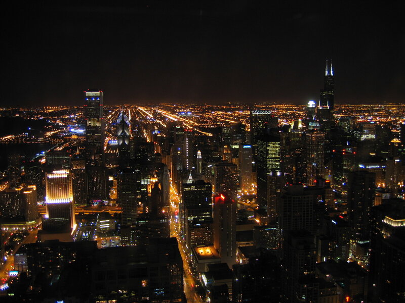 Chicago Skyline at Night — Black, Dark, Photograph, Skyscrapers, City Lights, Streets, Yellow