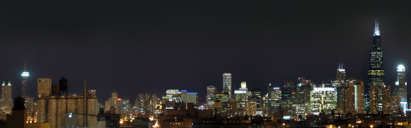 Chicago Skyline at Night — Black, Dark, Photograph, Skyscrapers, City Lights, Water Towers