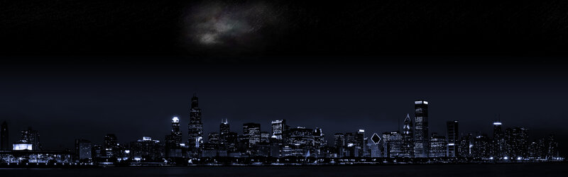 Chicago Skyline at Night — Black, Dark, Photograph, Skyscrapers, Lake, Clouds