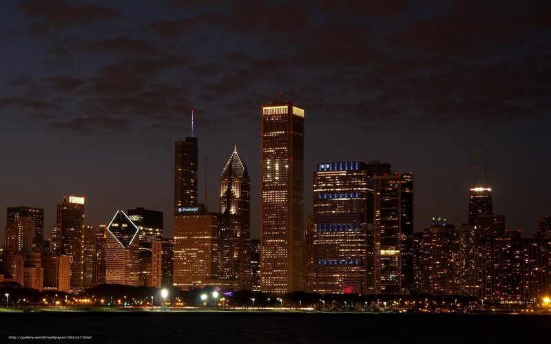 Chicago Skyline at Night — Black, Dark, Photograph, Skyscrapers, Lake