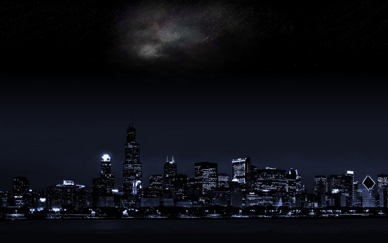 Chicago Skyline at Night — Black, Dark, Photograph, Skyscrapers, Milky Way, Water, Blue, White