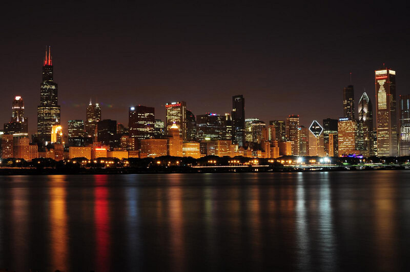 Chicago Skyline at Night — Black, Dark, Photograph, Skyscrapers, River
