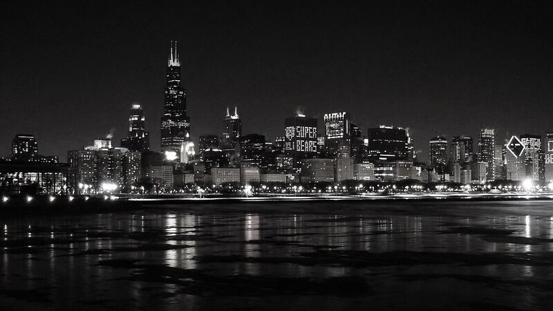 Chicago Skyline at Night — Black, Dramatic, Photograph, Buildings, River, Lights