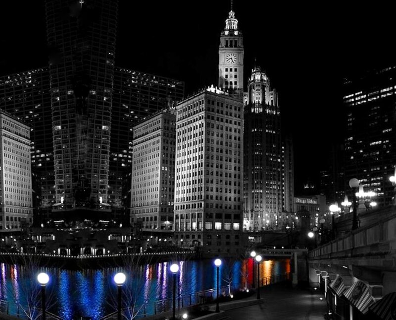 Chicago Skyline at Night — Black, Dramatic, Photograph, Buildings, River