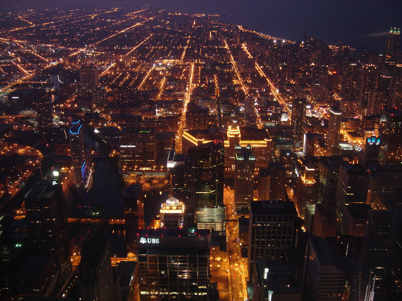 Chicago Skyline at Night — Black, Dramatic, Photograph, Buildings, Streets