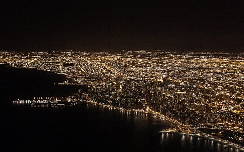 Chicago Skyline at Night — Black, Dramatic, Photograph, City Lights
