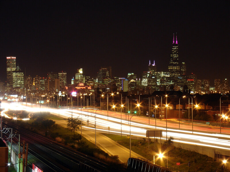 Chicago Skyline at Night — Black, Dramatic, Photograph, Highway