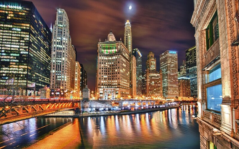 Chicago Skyline at Night — Black, Dramatic, Photograph, River, Bridge