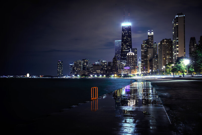 Chicago Skyline at Night — Black, Dramatic, Photograph, Skyscraper