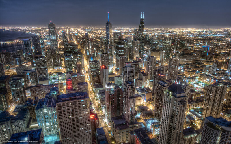 Chicago Skyline at Night — Black, Dramatic, Photograph, Skyscrapers, City Lights, Highways, Lake