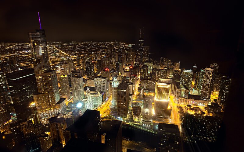 Chicago Skyline at Night — Black, Dramatic, Photograph, Skyscrapers, City Lights, River