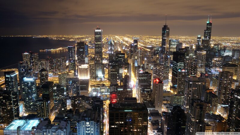 Chicago Skyline at Night — Black, Dramatic, Photograph, Skyscrapers, City Lights