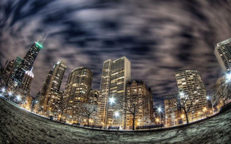 Chicago Skyline at Night — Black, Dramatic, Photograph, Skyscrapers, Clouds