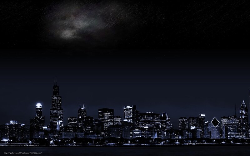 Chicago Skyline at Night — Black, Dramatic, Photograph, Skyscrapers, Milky Way