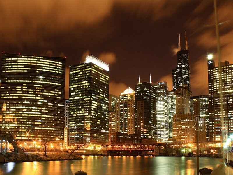 Chicago Skyline at Night — Black, Dramatic, Photograph, Skyscrapers, River, Bridge, Yellow, Orange
