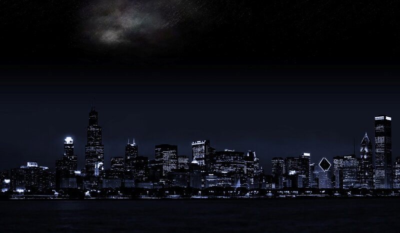 Chicago Skyline at Night — Black, Dramatic, Photograph, Skyscrapers, River, Milky Way