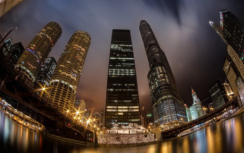 Chicago Skyline at Night — Black, Dramatic, Photograph, Skyscrapers, River
