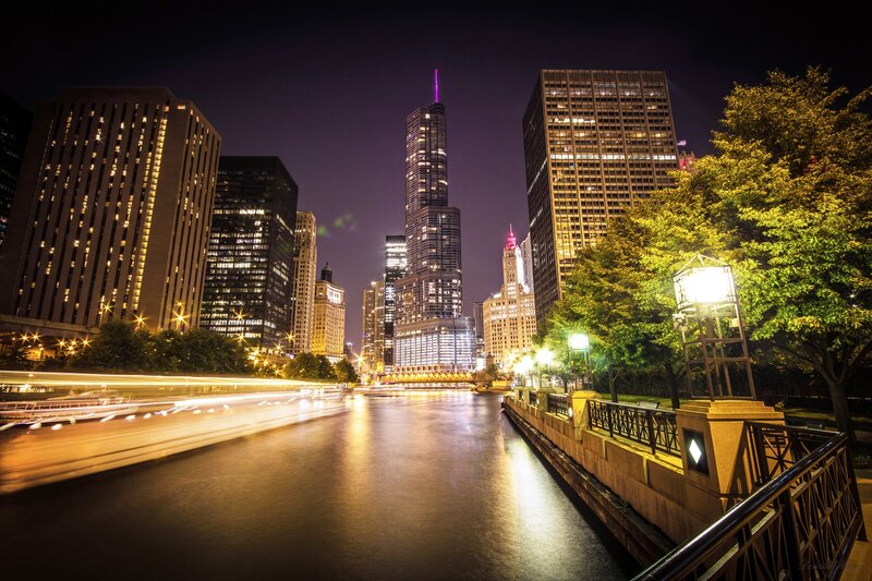 Chicago Skyline at Night — Black, Dramatic, Photograph, Skyscrapers, River, Trees