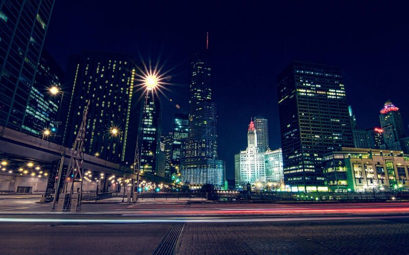 Chicago Skyline at Night — Black, Dramatic, Photograph, Skyscrapers, Street Lights
