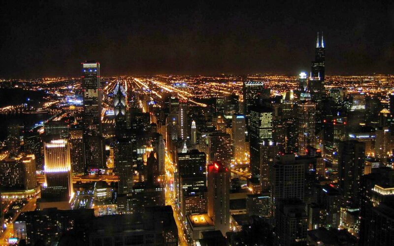 Chicago Skyline at Night — Black, Dramatic, Photograph, Skyscrapers