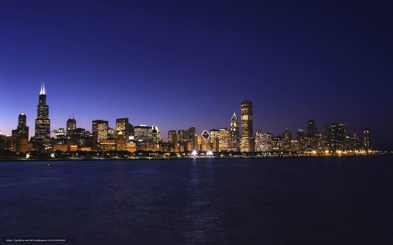 Chicago Skyline at Night — Blue, Calm, Photograph, Skyscraper