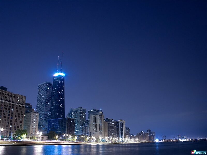Chicago Skyline at Night — Blue, Calm, Photograph, Skyscrapers, Lake, Streetlights