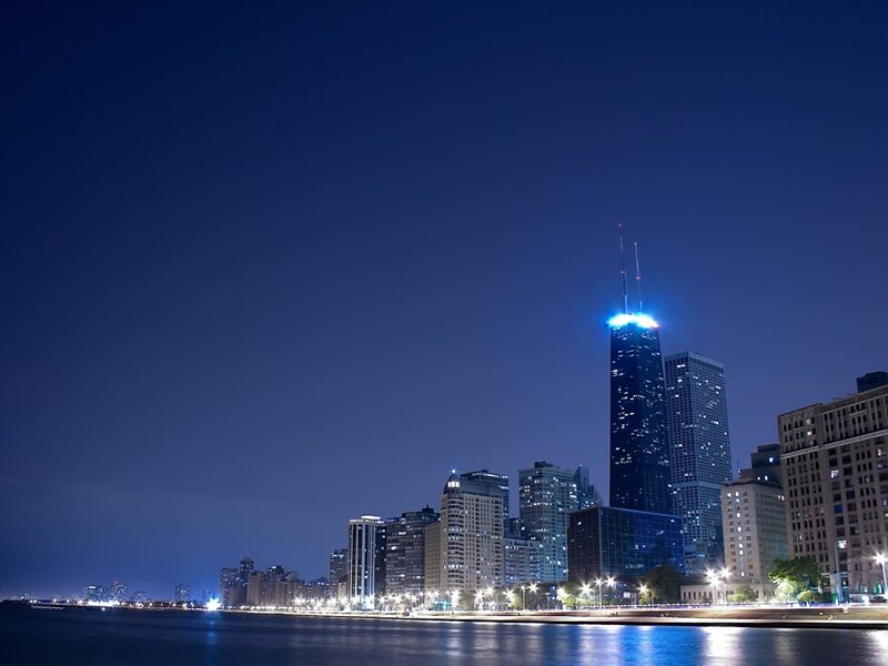 Chicago Skyline at Night — Blue, Calm, Photograph