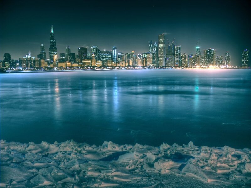 Chicago Skyline at Night — Blue, Cold, Photograph, Frozen Lake