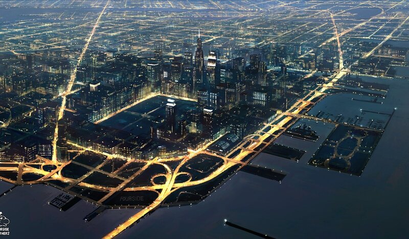 Chicago Skyline at Night — Blue, Dramatic, Digital Art