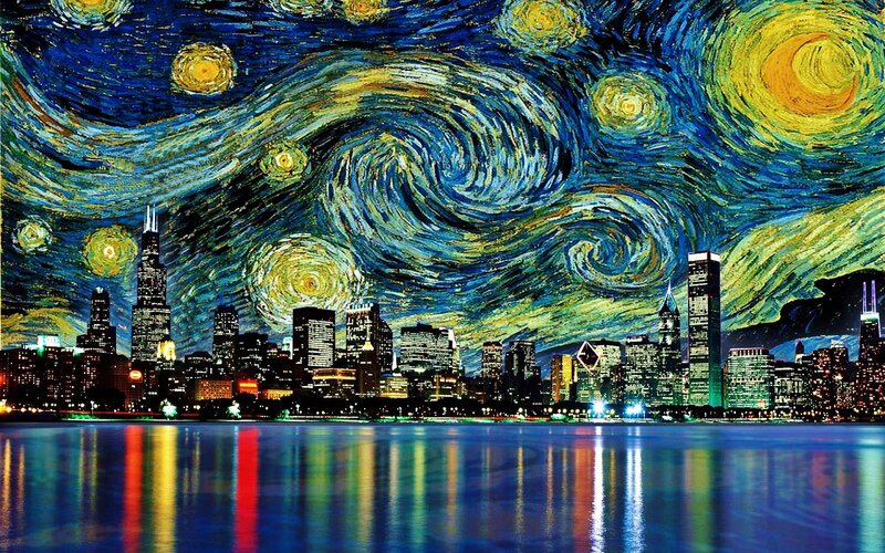 Chicago Skyline at Night — Blue, Dramatic, Painting