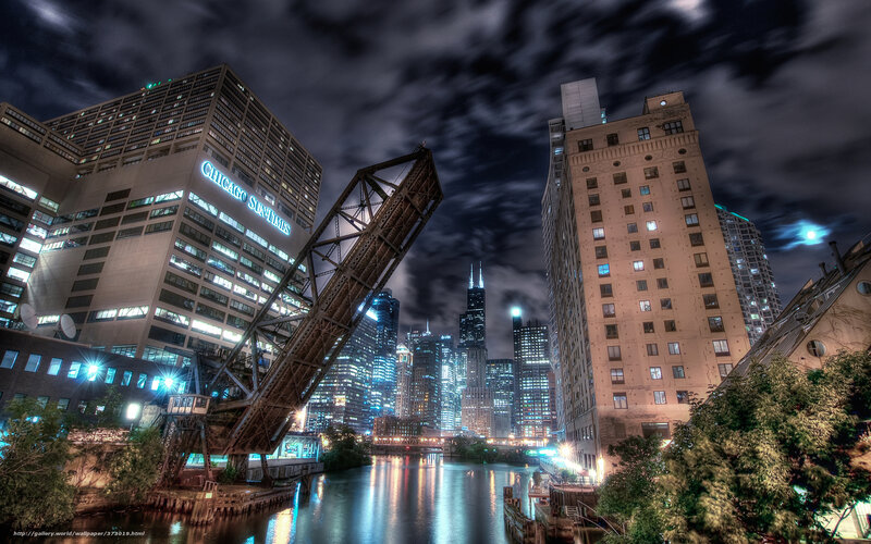 Chicago Skyline at Night — Blue, Dramatic, Photograph, Bridge, River, Skyscrapers