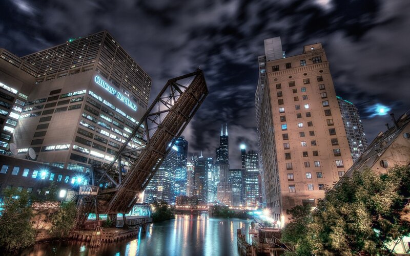 Chicago Skyline at Night — Blue, Dramatic, Photograph, Bridge, River