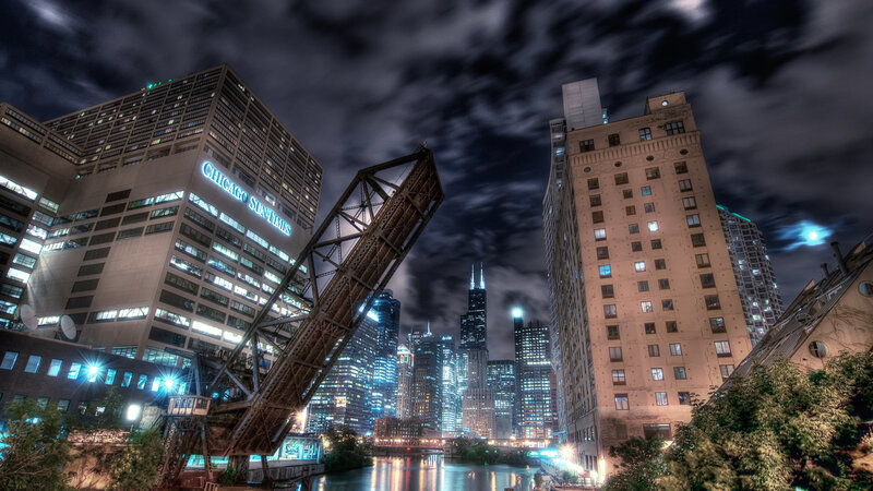 Chicago Skyline at Night — Blue, Dramatic, Photograph, Bridge
