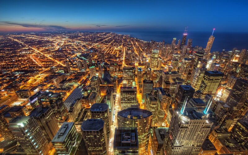 Chicago Skyline at Night — Blue, Dramatic, Photograph, Buildings, City Lights