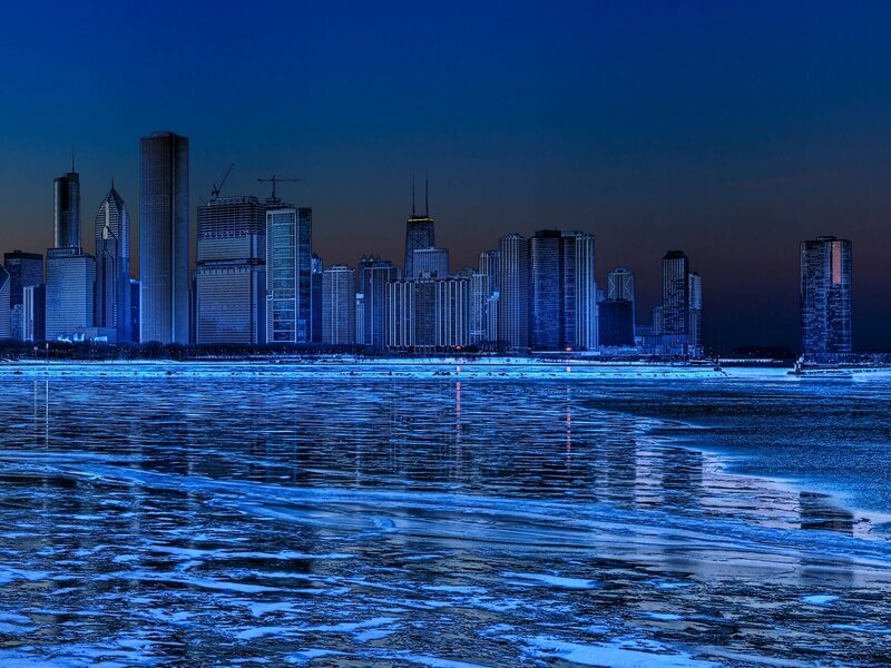 Chicago Skyline at Night — Blue, Dramatic, Photograph, Buildings