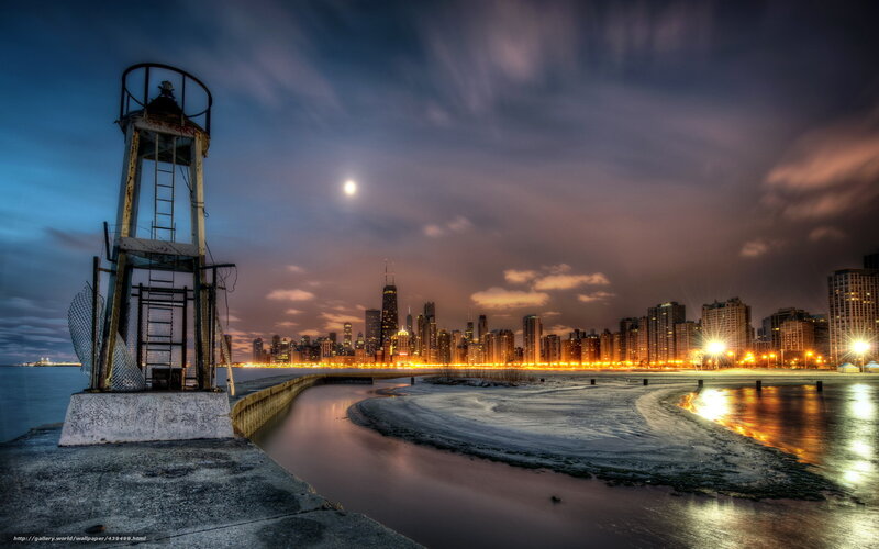 Chicago Skyline at Night — Blue, Dramatic, Photograph, Lighthouse, Moon