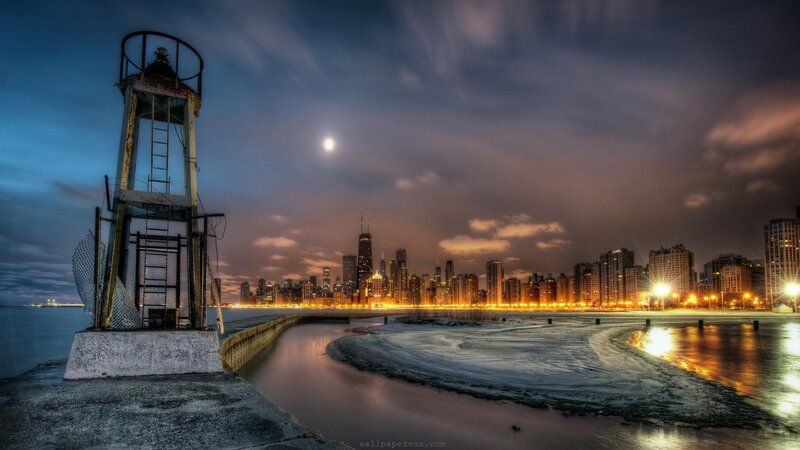 Chicago Skyline at Night — Blue, Dramatic, Photograph, Lighthouse