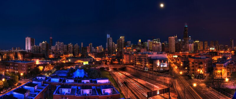 Chicago Skyline at Night — Blue, Dramatic, Photograph, Moon