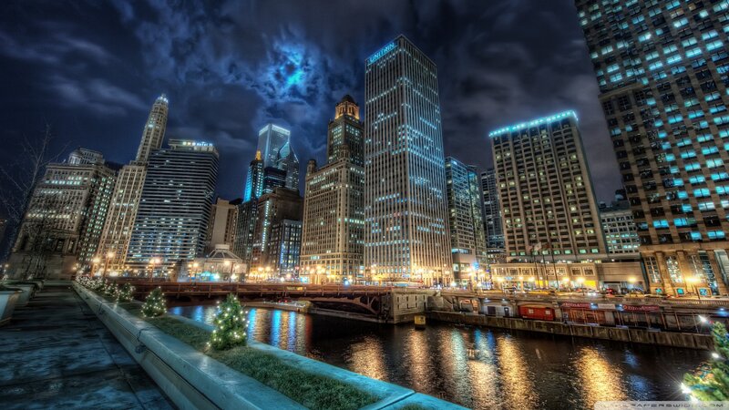 Chicago Skyline at Night — Blue, Dramatic, Photograph, River, Buildings, Bridge, Trees