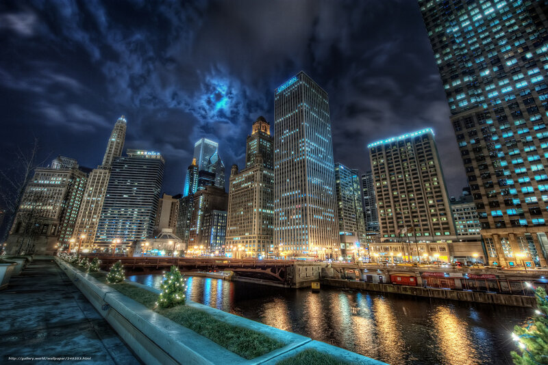 Chicago Skyline at Night — Blue, Dramatic, Photograph, River, Buildings, Bridges, Christmas Trees