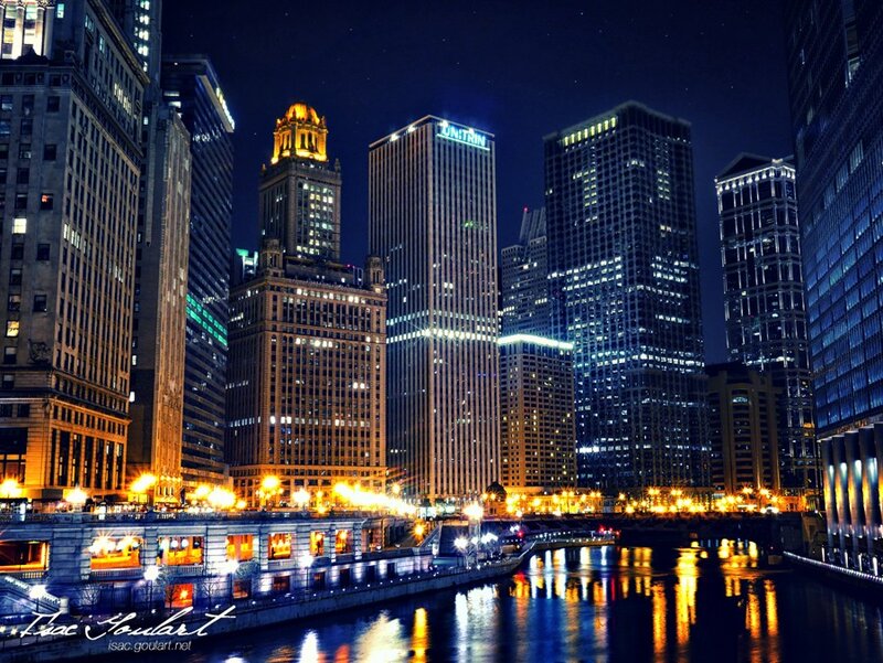 Chicago Skyline at Night — Blue, Dramatic, Photograph, River, Skyscrapers, Bridge, Lights