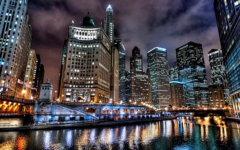Chicago Skyline at Night — Blue, Dramatic, Photograph, River, Skyscrapers, Bridge