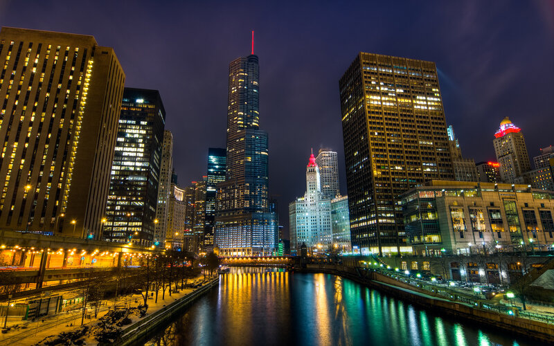 Chicago Skyline at Night — Blue, Dramatic, Photograph, River, Skyscrapers, Buildings
